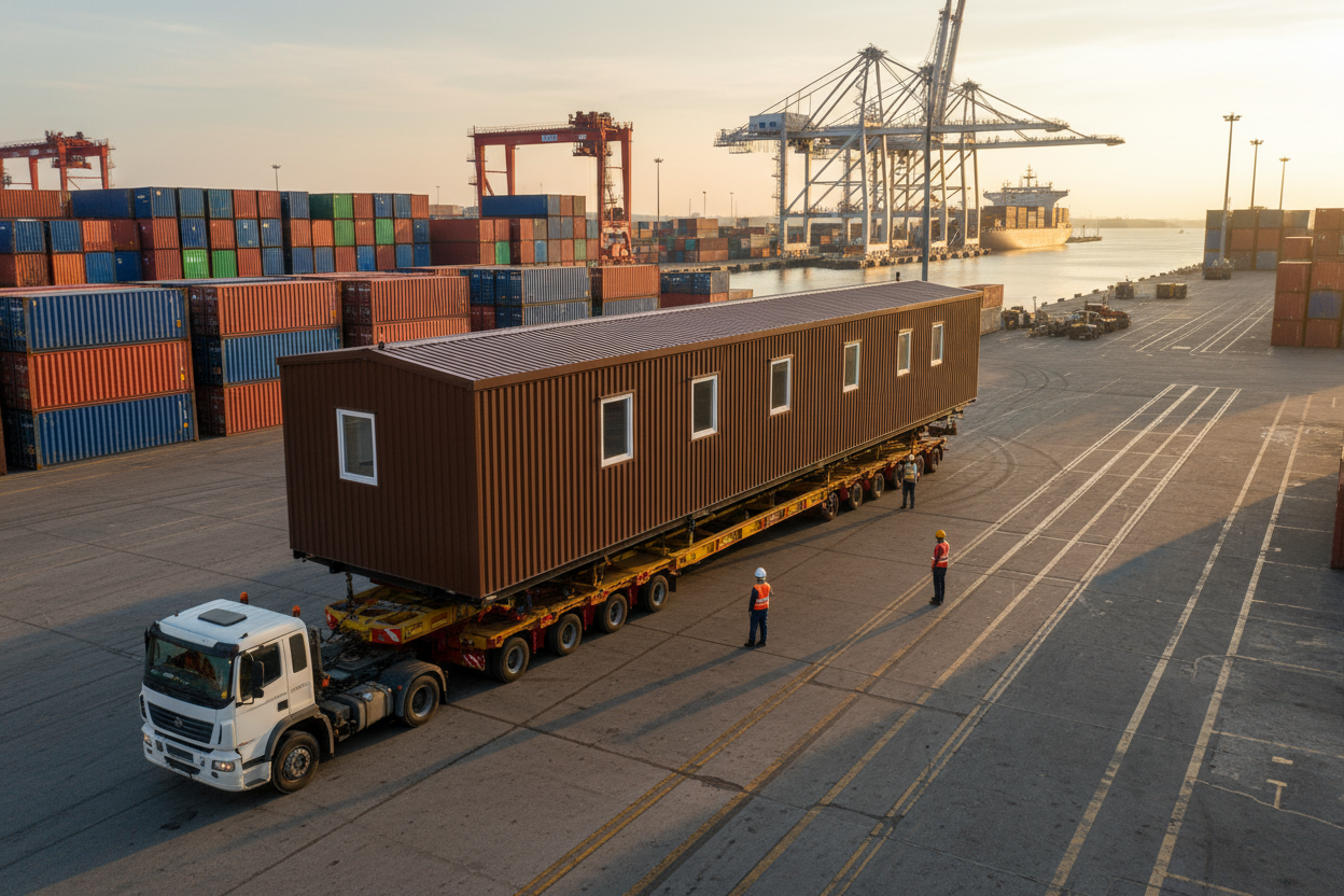 port morski transport gabaryty dom mobilny brązpwy kolor